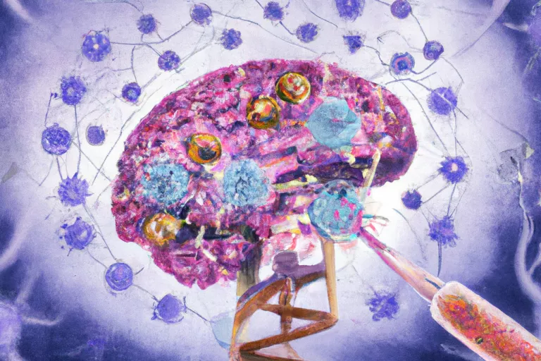 Drawn image of a brain with neurons and immune cells